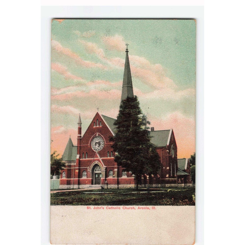 Vintage 1908 St Johns Catholic Church Arcola Illinois Postcard Litho-Chrome